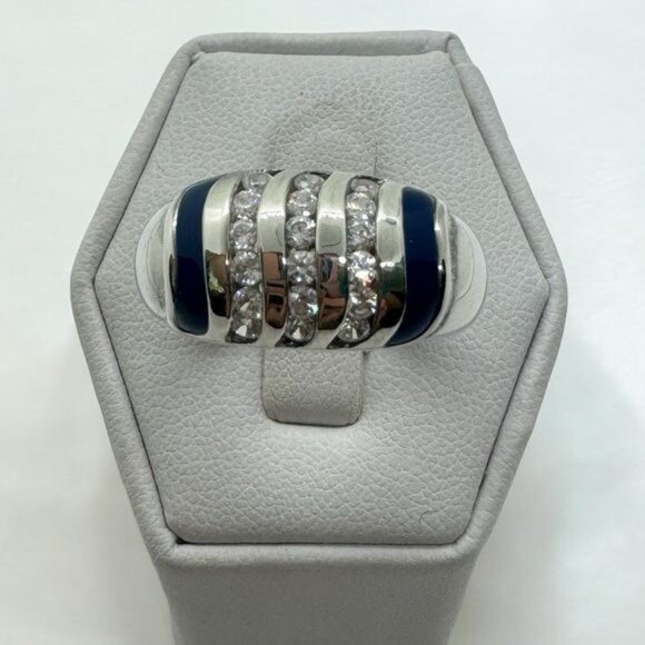 Sterling Silver Diamonique Blue Enamel and Rounds Ring size 9 Dome .925 CZ New - Picture 1 of 9